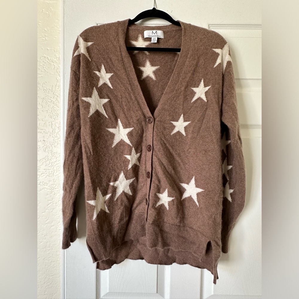 Magaschoni Brown Star 100% Cashmere Cardigan Sweater